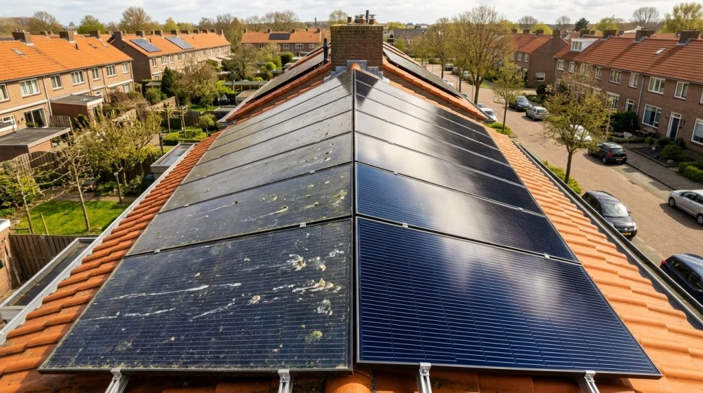 zonnepanelen met vogelpoep stuifmeel en schone delen contrast
