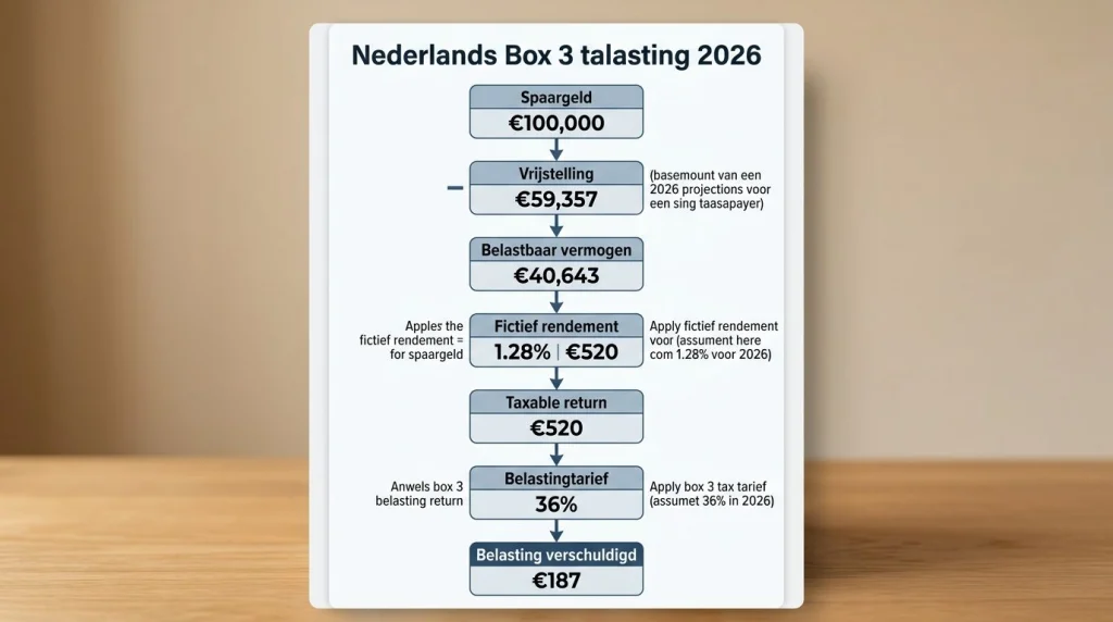 Box 3 berekenen: opbouw van de berekening met vrijstelling, fictief rendement en 36% tarief