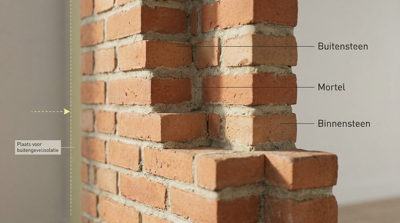 doorsnede massieve gemetselde buitenmuur zonder spouwmuur isolatie nodig