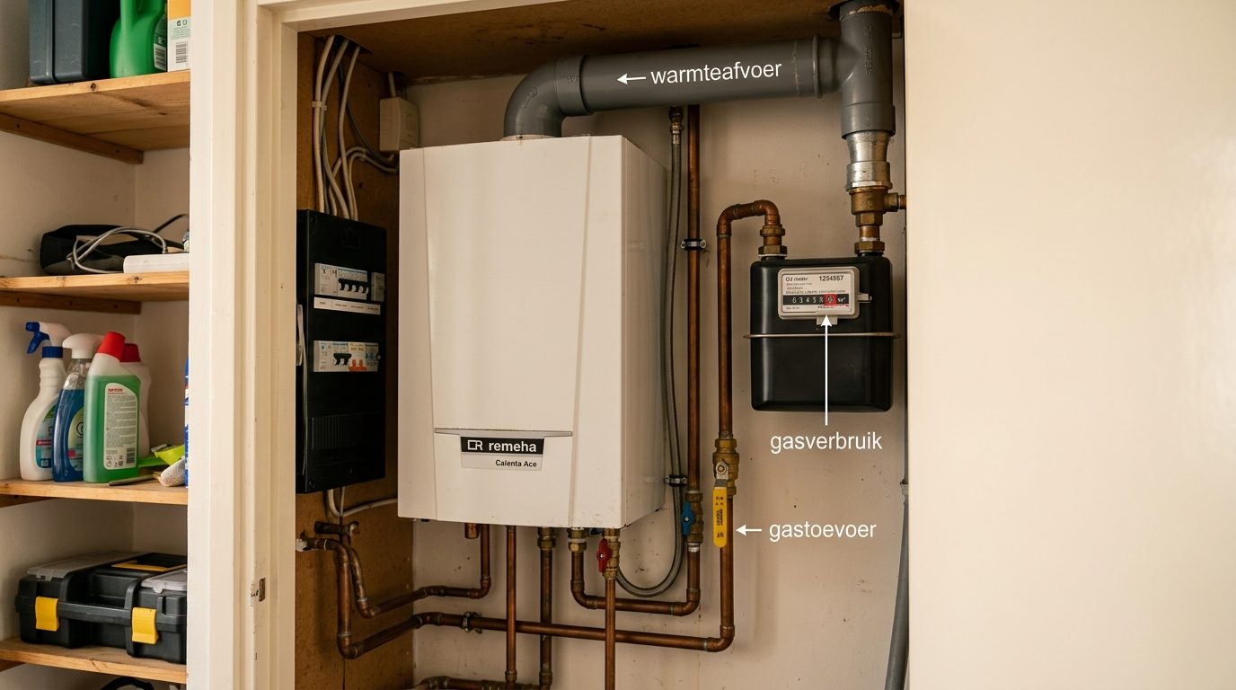 cv-ketel in Nederlandse meterkast met gasaansluiting zichtbaar