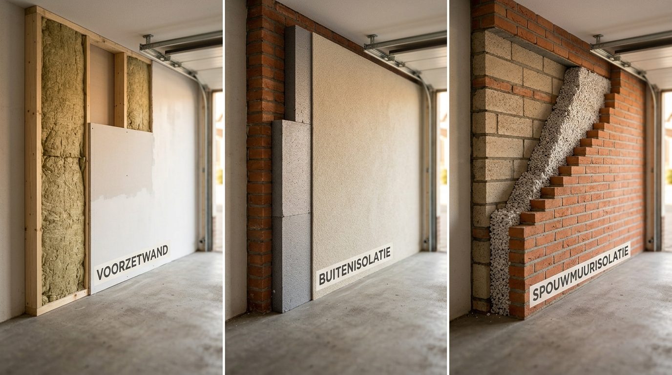 drie garage isolatie methodes voorzetwand buitenisolatie spouwmuur Nederlands