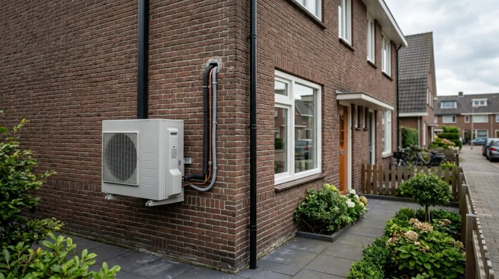 buitenunit van een hybride warmtepomp tegen de gevel van een Nederlandse woning