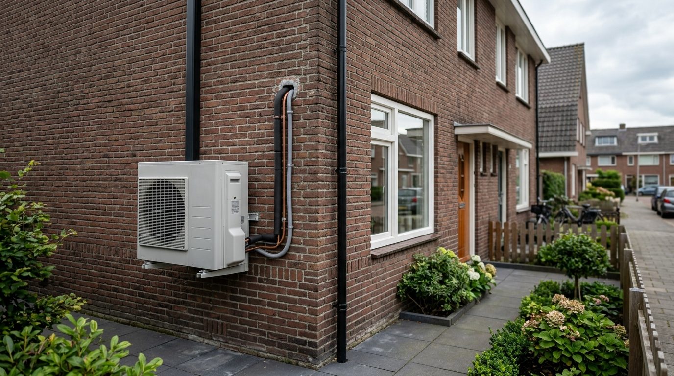 buitenunit van een hybride warmtepomp tegen de gevel van een Nederlandse woning