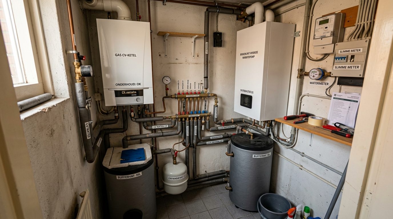hybride warmtepomp cv-ketel naast elkaar in Nederlandse meterkast installatie