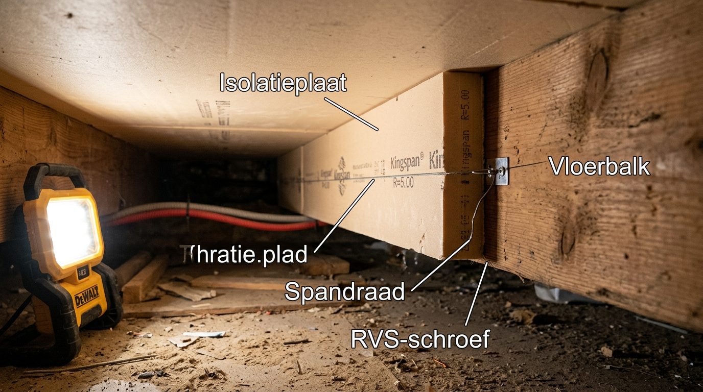 isolatieplaten tussen houten vloerbalken in kruipruimte met labels