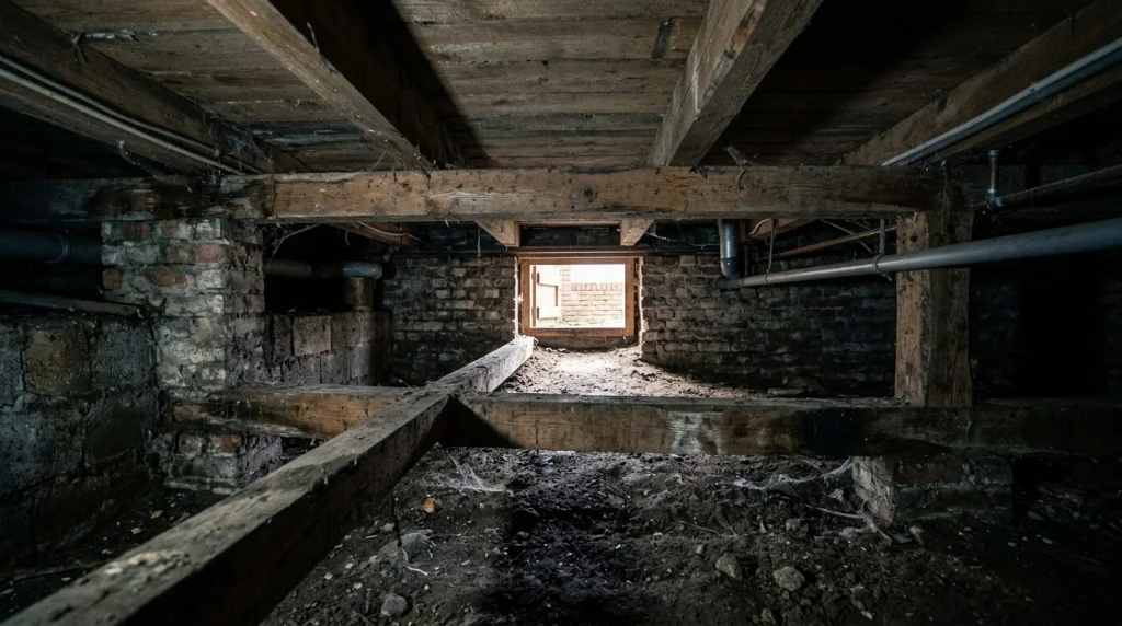 kruipruimte onder Nederlandse woning met houten vloerbalken en daglicht
