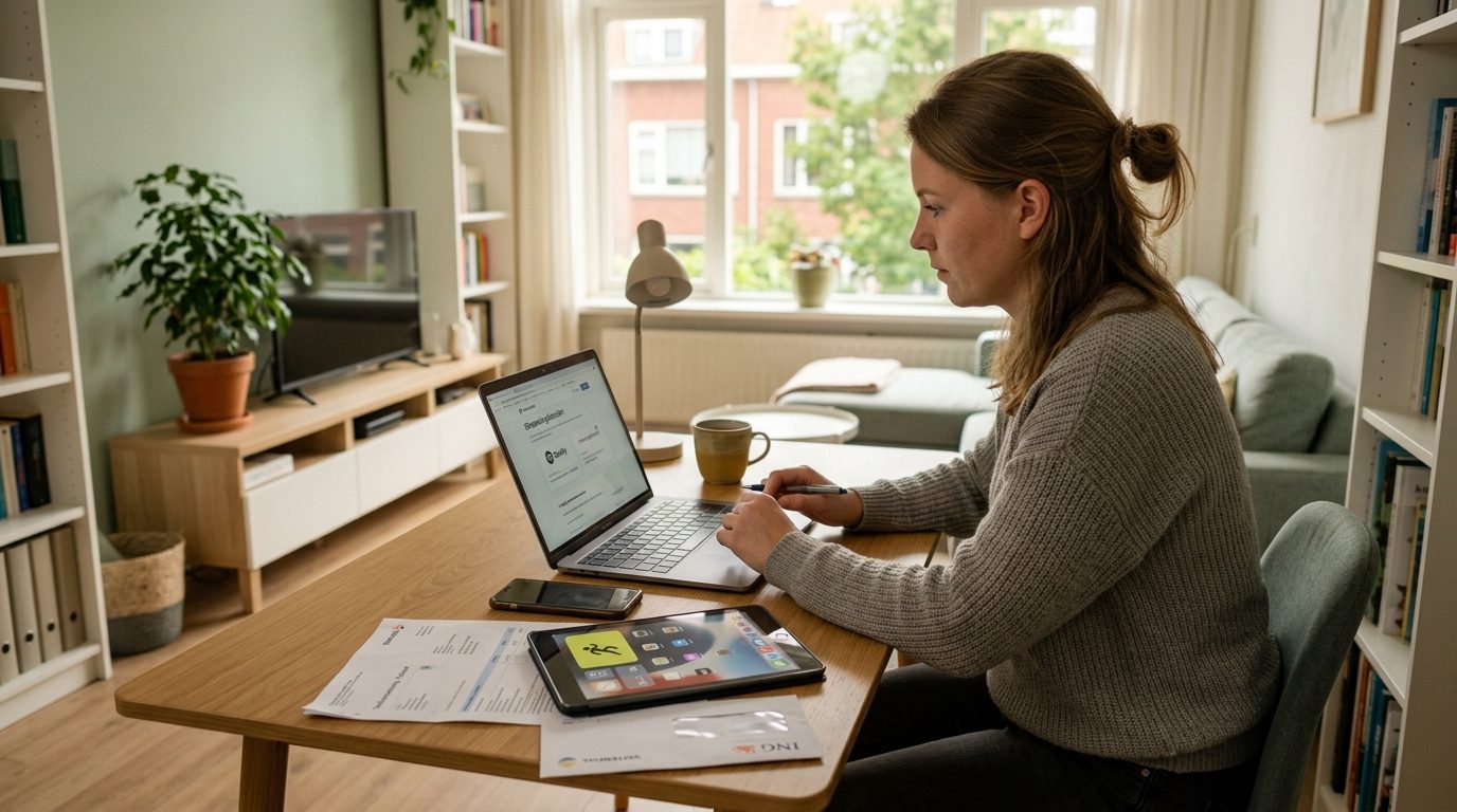 Nederlandse woonkamer met laptop tablet telefoon abonnementen