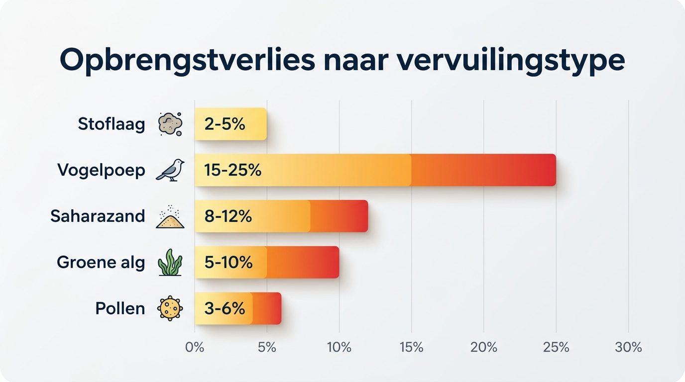 grafiek opbrengstverlies zonnepanelen naar vervuilingstype percentage