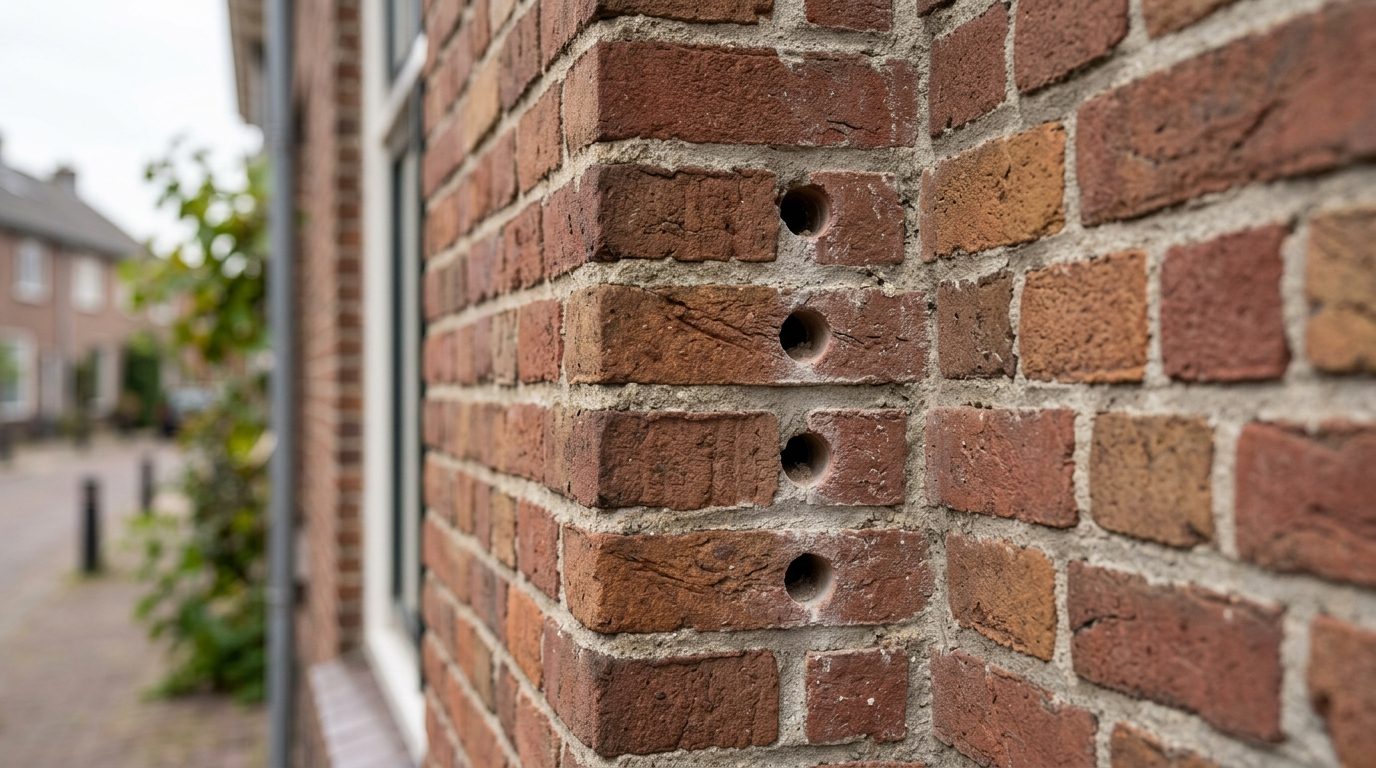 kleine boorgatjes in Nederlandse bakstenen gevel voor spouwmuur isolatie