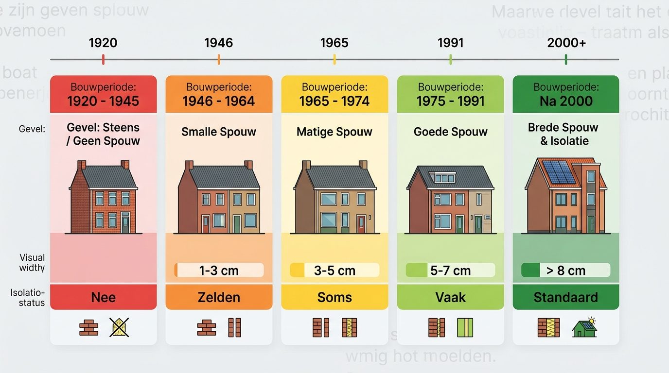 infographic Nederlandse bouwperiodes spouwbreedte isolatie 1920 tot 2000