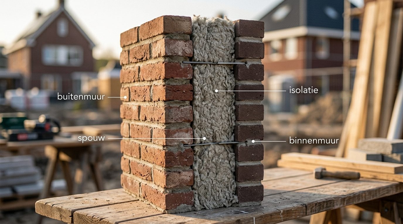 doorsnede Nederlandse spouwmuur met binnen- en buitenmuur, luchtspouw en ingeblazen isolatiemateriaal