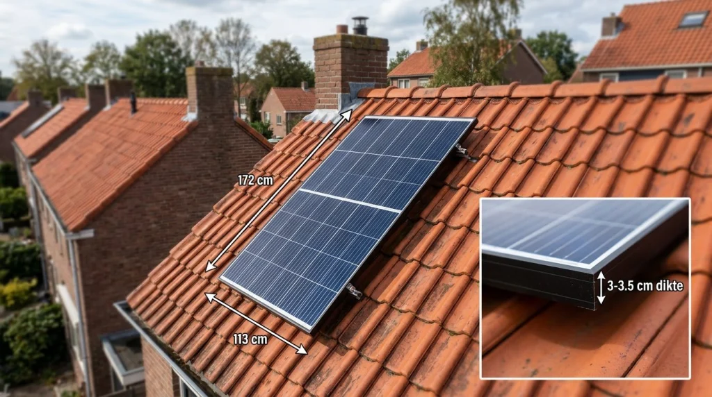 standaard zonnepaneel van circa 1,7 bij 1,0 meter op een Nederlands dak