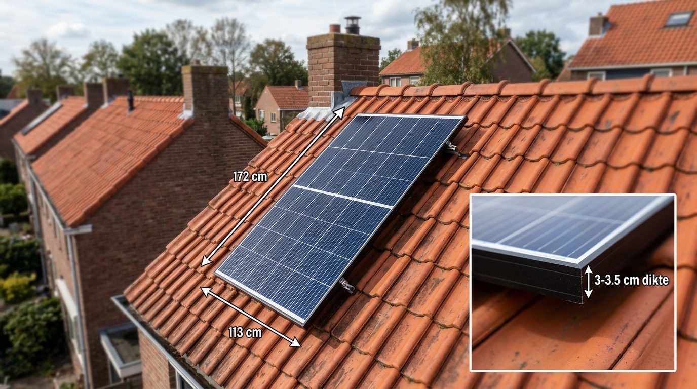 standaard zonnepaneel van circa 1,7 bij 1,0 meter op een Nederlands dak