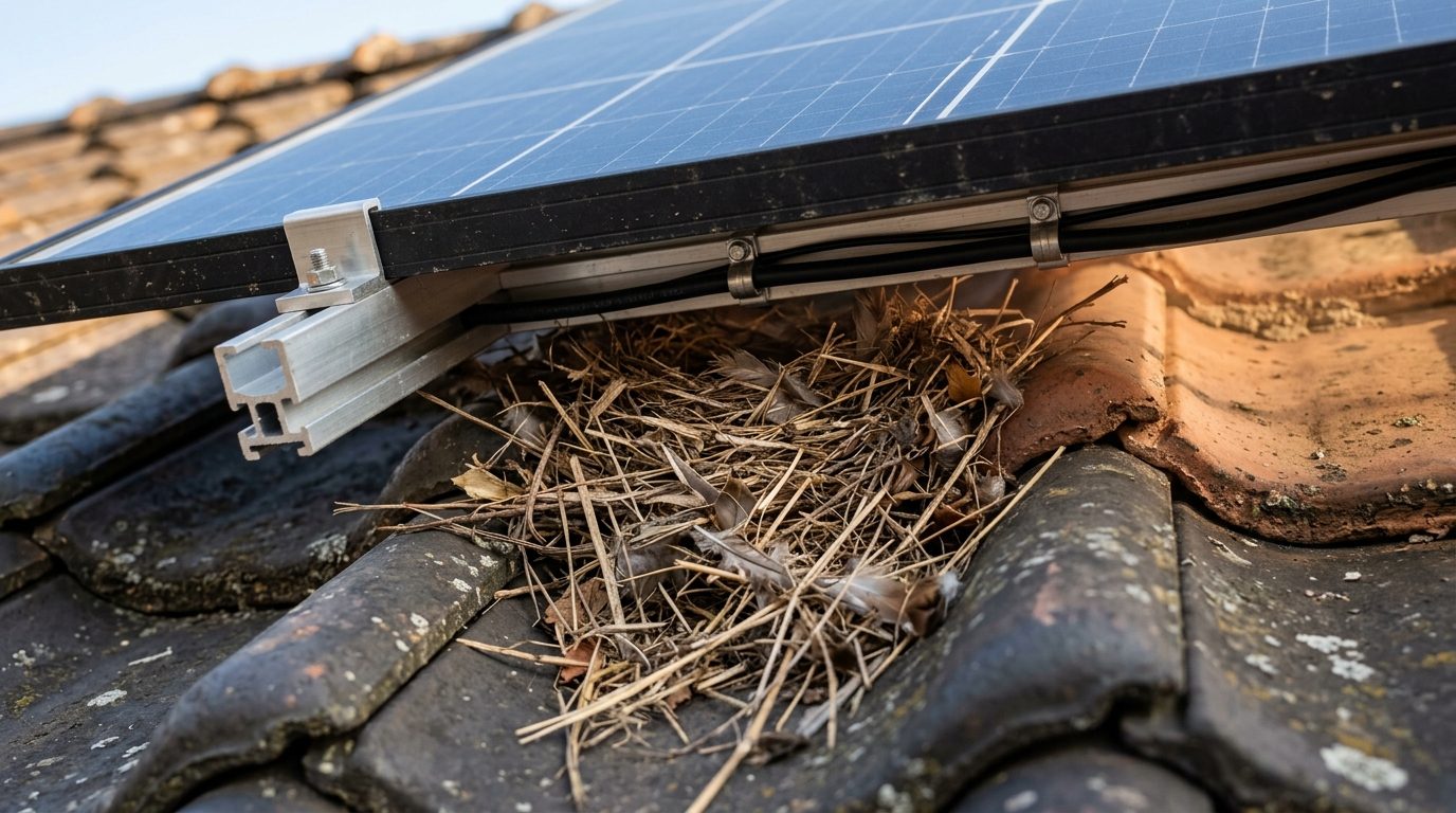 vogelnest twijgen nestmateriaal onder zonnepaneel brandrisico