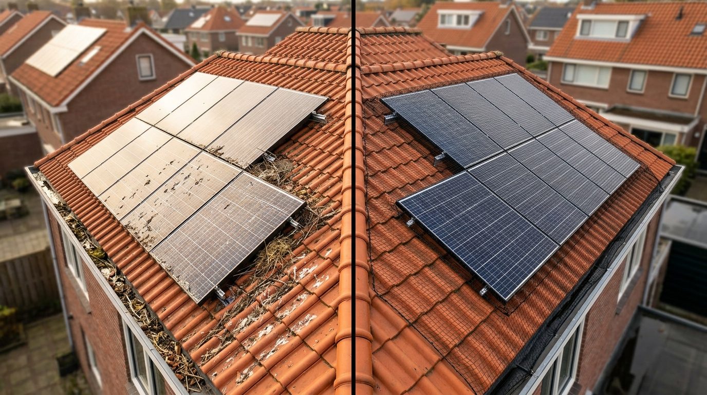 vogelwering zonnepanelen geplaatst op schuin dak met en zonder bescherming