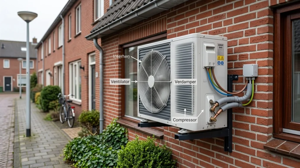 buitenunit warmtepomp aan gevel Nederlands rijtjeshuis met labels verdamper compressor