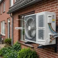 buitenunit warmtepomp aan gevel Nederlands rijtjeshuis met labels verdamper compressor