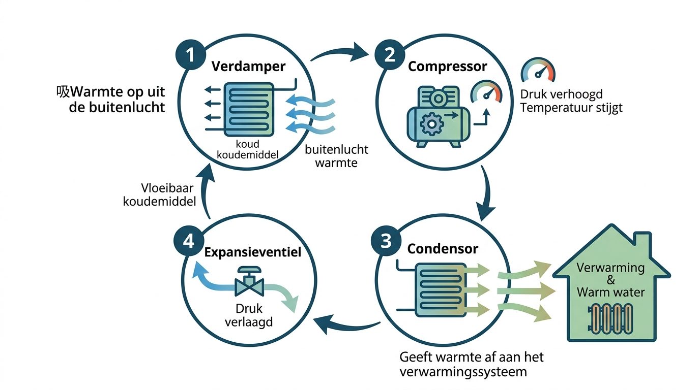 schema werkingscyclus warmtepomp verdamper compressor condensor expansieventiel