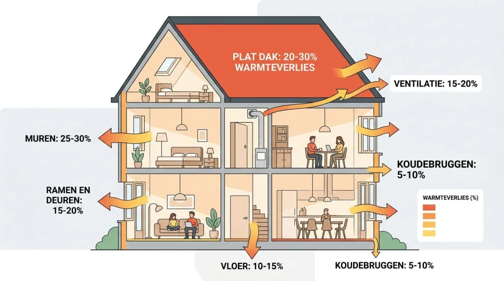 warmteverlies verdeling woning plat dak 20-30 procent infographic
