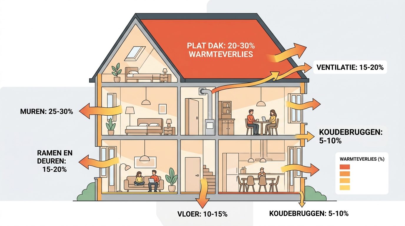 warmteverlies verdeling woning plat dak 20-30 procent infographic