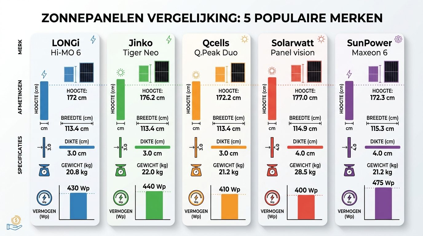 infographic vergelijking zonnepaneel afmetingen gewicht vermogen LONGi Jinko Qcells