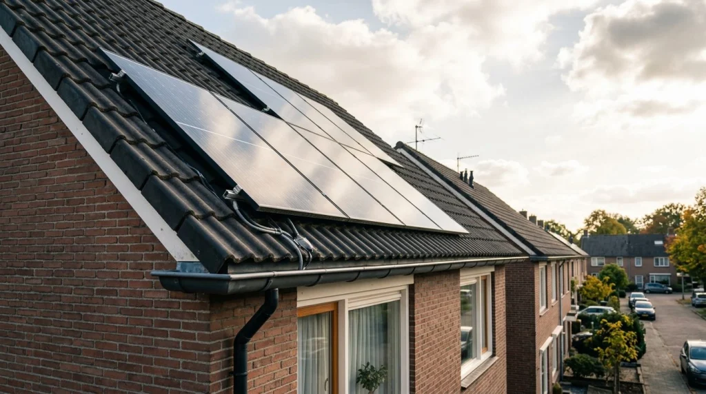 zonnepanelen op Nederlands rijtjeshuis dak met bewolkte lucht