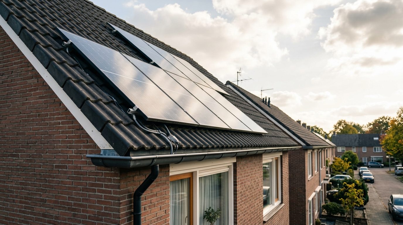zonnepanelen op Nederlands rijtjeshuis dak met bewolkte lucht
