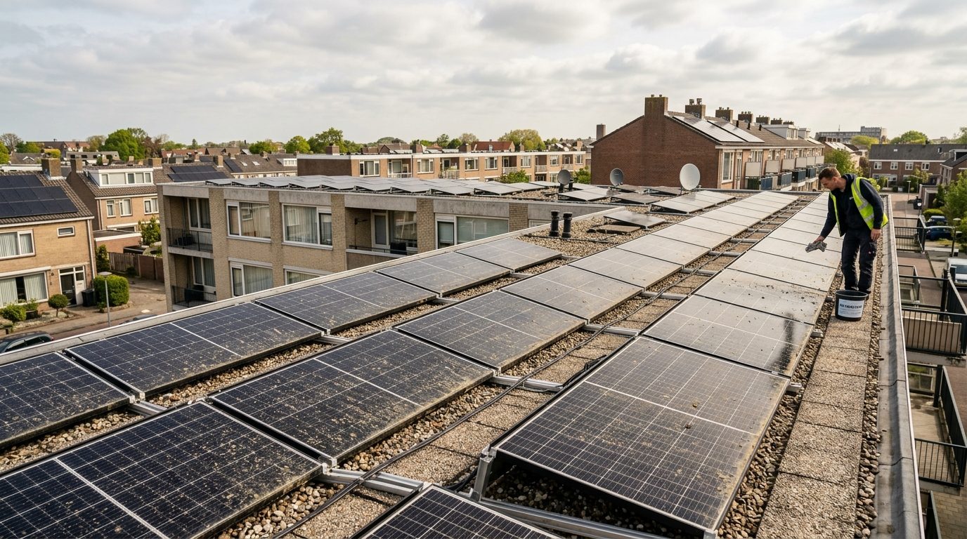 zonnepanelen op plat dak van Nederlandse woning, veel stof zichtbaar