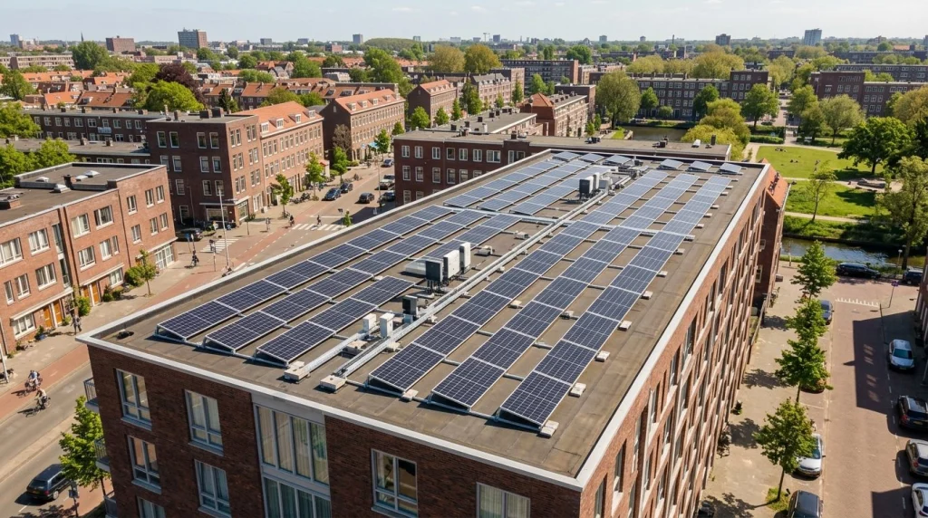 zonnepanelen plat dak oost-west opstelling schuin geplaatst frame stedelijke omgeving