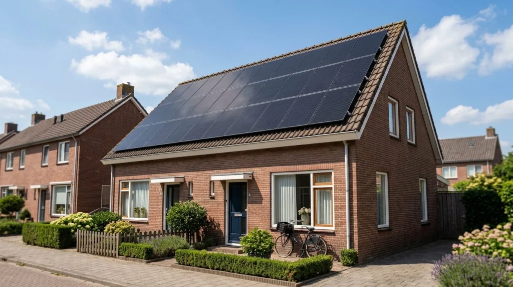 zonnepanelen op schuin zuidgericht dak Nederlandse rijtjeswoning zonnige dag