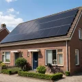 zonnepanelen op schuin zuidgericht dak Nederlandse rijtjeswoning zonnige dag