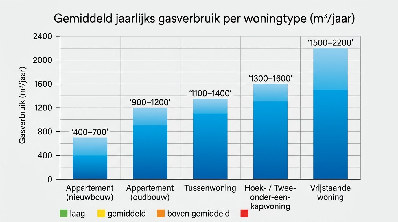 Staafdiagram gasverbruik per woningtype appartement rijtjeshuis vrijstaande woning m3 per jaar
