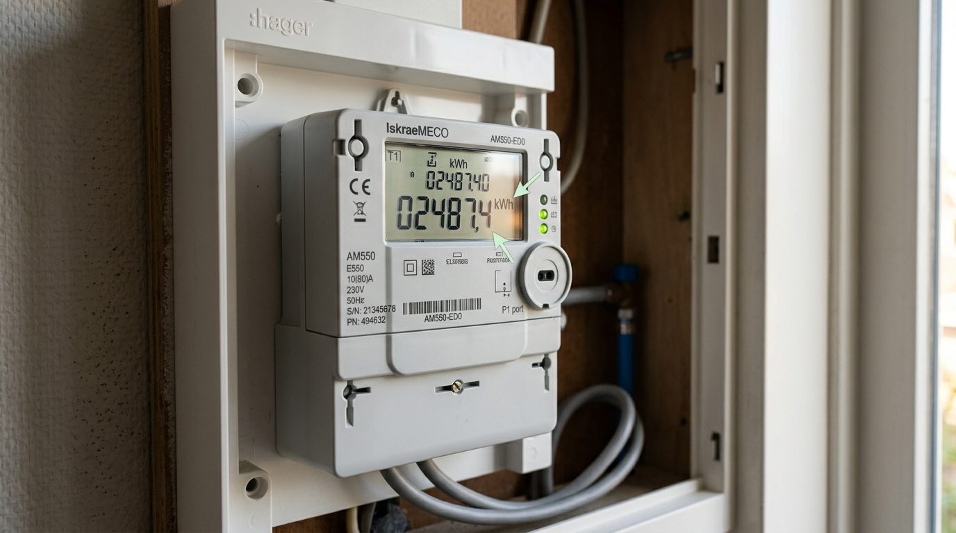 Nederlandse digitale slimme meter in meterkast met kWh-uitlezing