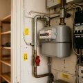 Nederlandse rijtjeshuis meterkast met gasaansluiting en meter, typische woning tweepersoonshuishouden