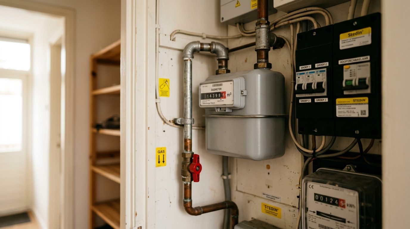 Nederlandse rijtjeshuis meterkast met gasaansluiting en meter, typische woning tweepersoonshuishouden