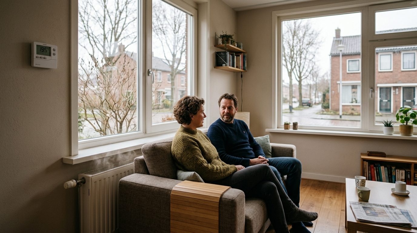 Gezellige Nederlandse woonkamer winter twee personen thermostaat radiator verwarming