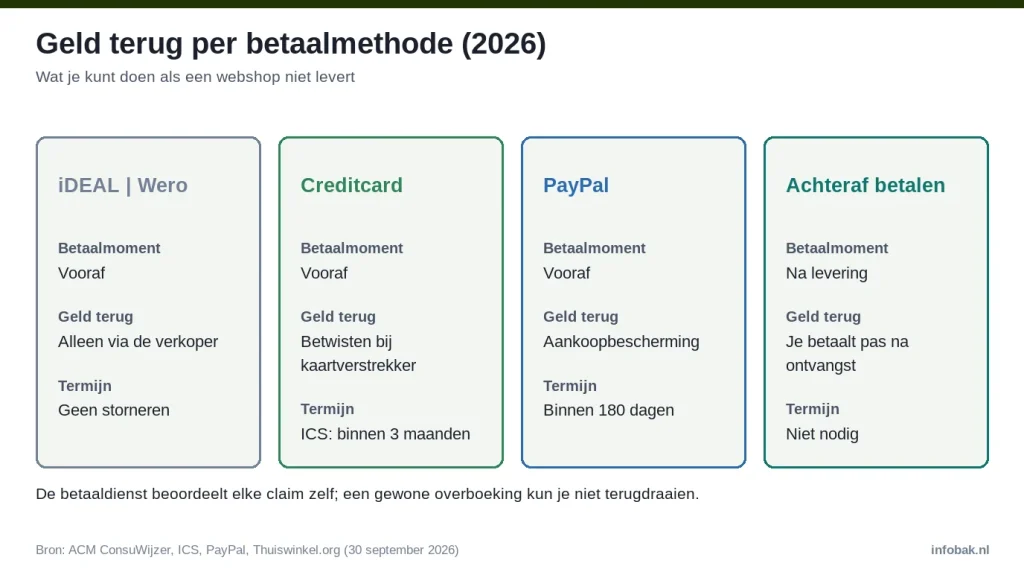 Infographic 2026: geld terug per betaalmethode bij een webshop die niet levert (iDEAL Wero, creditcard, PayPal, achteraf)
